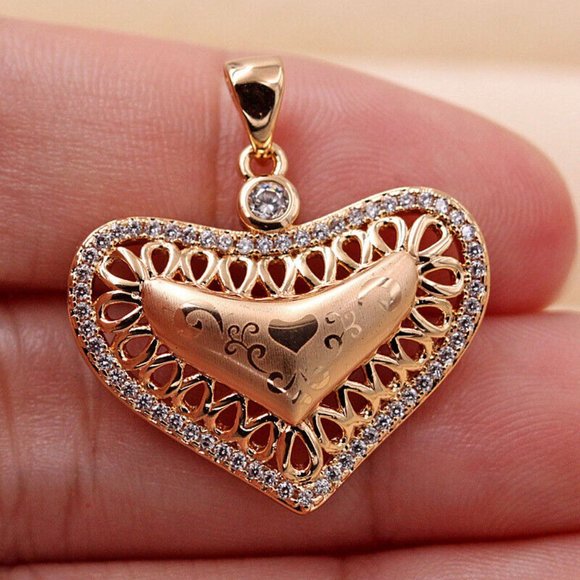 18K Yellow Gold Filled Luxury Heart Diamond Zircon Laser Carved Pendant Necklace - Picture 7 of 8
